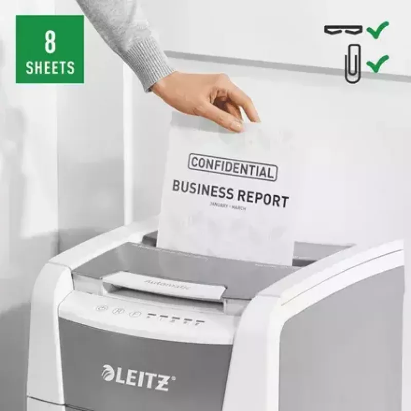 Papīra smalcinātājs LEITZ IQ Autofeed Small Office 100, šķērsgriezuma P-4, 8 lapas, 22 cm padeve, 34 L tvertne, pelēks
