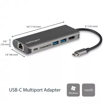 StarTech.com USB C vairākportu adapteris, pārnēsājams USB-C doks ar 4K HDMI, 2 portu USB 3.0 centrmezgls, SD/SDHC, GbE, 60 W PD caurlaide - USB Type-C/Thunderbolt 3 - AIZVIETOTS AR DKT30CHSDPD1