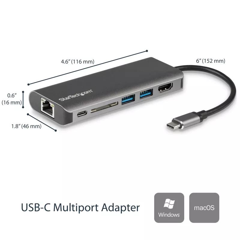 StarTech.com USB C vairākportu adapteris, pārnēsājams USB-C doks ar 4K HDMI, 2 portu USB 3.0 centrmezgls, SD/SDHC, GbE, 60 W PD caurlaide - USB Type-C/Thunderbolt 3 - AIZVIETOTS AR DKT30CHSDPD1