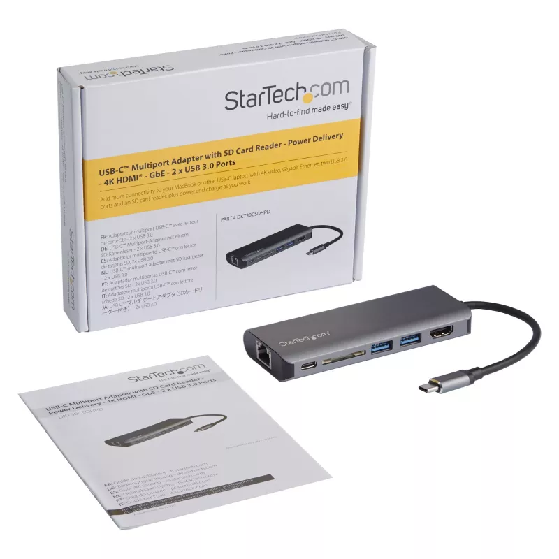StarTech.com USB C vairākportu adapteris, pārnēsājams USB-C doks ar 4K HDMI, 2 portu USB 3.0 centrmezgls, SD/SDHC, GbE, 60 W PD caurlaide - USB Type-C/Thunderbolt 3 - AIZVIETOTS AR DKT30CHSDPD1
