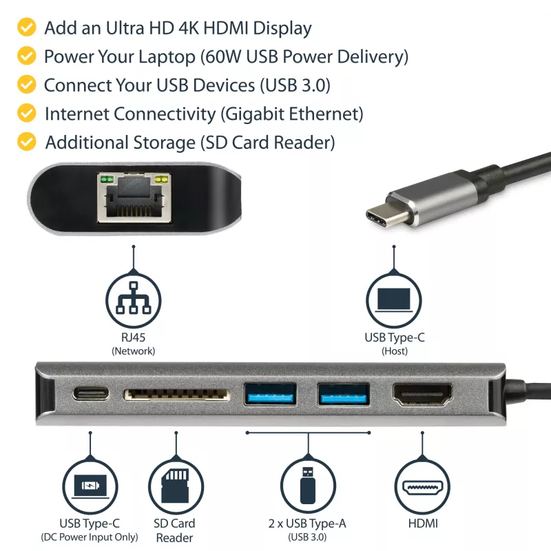 StarTech.com USB C vairākportu adapteris, pārnēsājams USB-C doks ar 4K HDMI, 2 portu USB 3.0 centrmezgls, SD/SDHC, GbE, 60 W PD caurlaide - USB Type-C/Thunderbolt 3 - AIZVIETOTS AR DKT30CHSDPD1