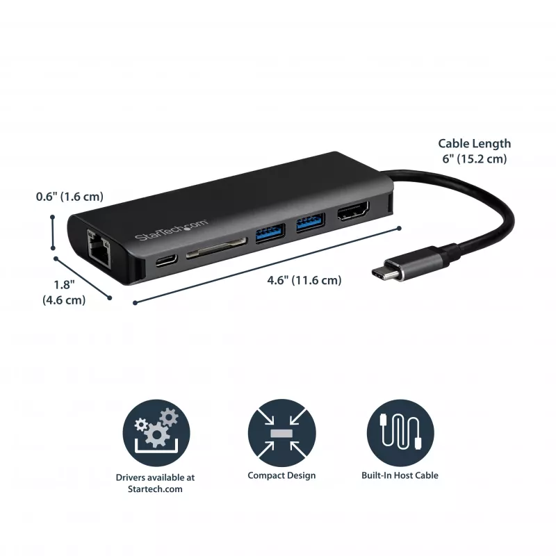 StarTech.com USB C vairākportu adapteris, pārnēsājams USB-C doks ar 4K HDMI, 2 portu USB 3.0 centrmezgls, SD/SDHC, GbE, 60 W PD caurlaide - USB Type-C/Thunderbolt 3 - AIZVIETOTS AR DKT30CHSDPD1