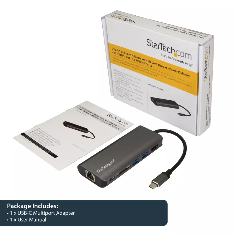 StarTech.com USB C vairākportu adapteris, pārnēsājams USB-C doks ar 4K HDMI, 2 portu USB 3.0 centrmezgls, SD/SDHC, GbE, 60 W PD caurlaide - USB Type-C/Thunderbolt 3 - AIZVIETOTS AR DKT30CHSDPD1