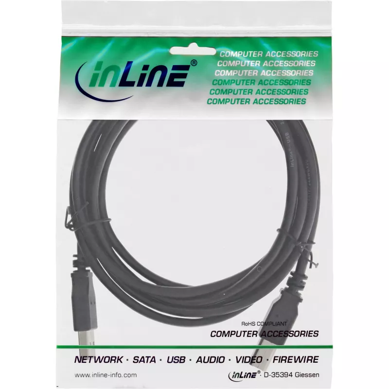 USB 2.0 kabelis, A tipa vīrišķais / B tipa vīrišķais, melns, 2 m, InLine 34520X