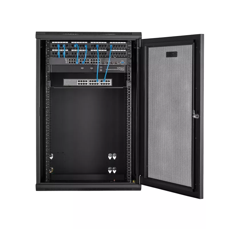 StarTech.com 4 stabu 18U sienas stiprinājuma tīkla skapis ar 1U plauktu, 19 collu eņģēs iekarināms serveru statnis datu / AV / elektronikas / datoru aprīkojumam, elastīgs ventilējams statņa korpuss