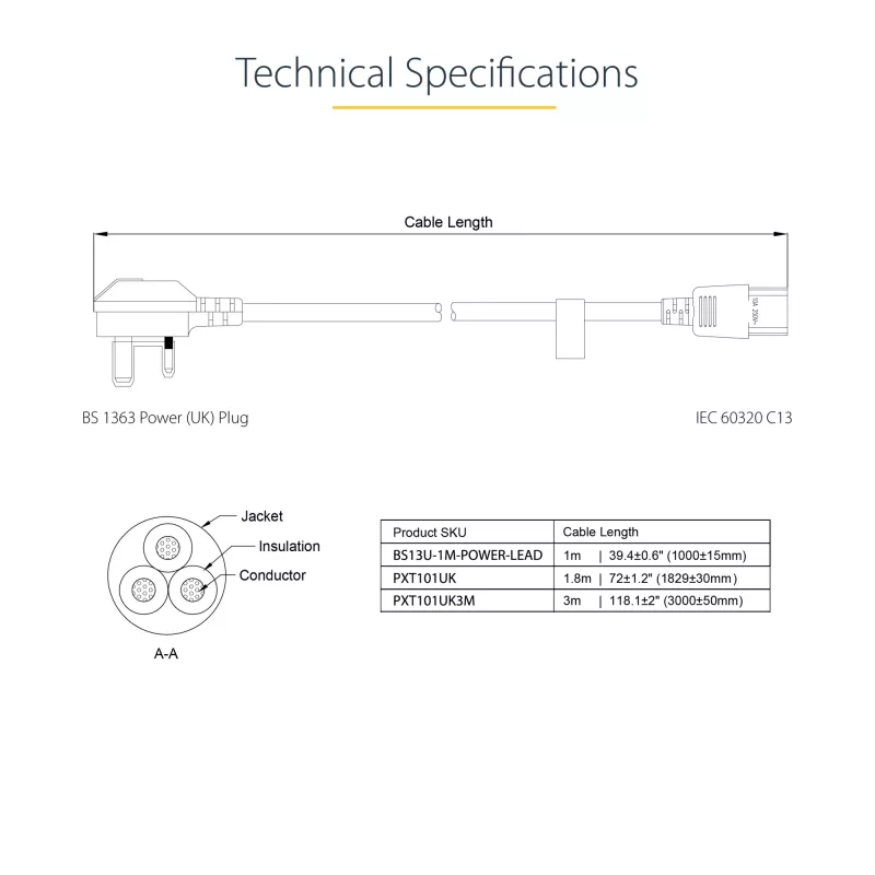 StarTech.com 10 pēdas (3 m) Lielbritānijas datora strāvas kabelis, 18AWG, BS 1363 uz C13, 10A 250V, melns maiņas maiņstrāvas strāvas vads, tējkannas vads / Lielbritānijas strāvas vads, datora barošanas bloka kabelis, televizora/monitora strāvas kabelis