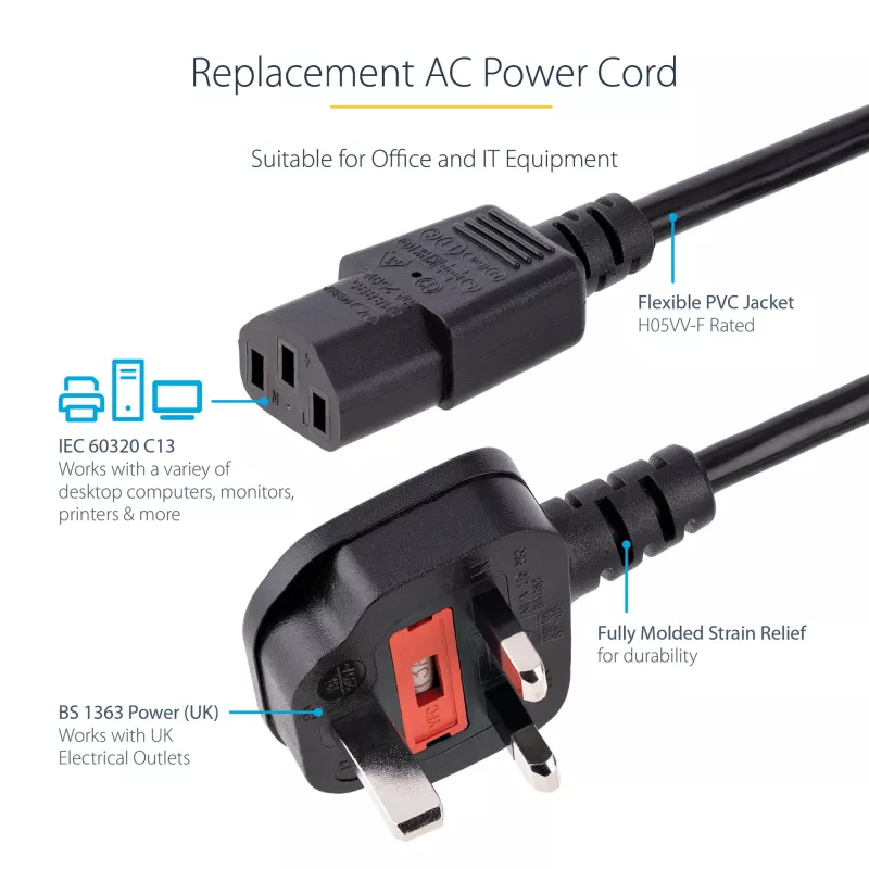 StarTech.com 10 pēdas (3 m) Lielbritānijas datora strāvas kabelis, 18AWG, BS 1363 uz C13, 10A 250V, melns maiņas maiņstrāvas strāvas vads, tējkannas vads / Lielbritānijas strāvas vads, datora barošanas bloka kabelis, televizora/monitora strāvas kabelis