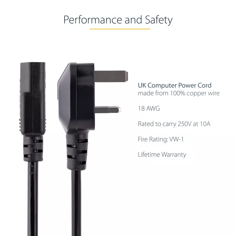 StarTech.com 10 pēdas (3 m) Lielbritānijas datora strāvas kabelis, 18AWG, BS 1363 uz C13, 10A 250V, melns maiņas maiņstrāvas strāvas vads, tējkannas vads / Lielbritānijas strāvas vads, datora barošanas bloka kabelis, televizora/monitora strāvas kabelis