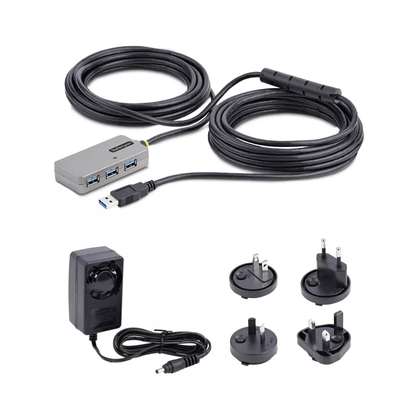 StarTech.com USB pagarinātāja centrmezgls, 10 m USB 3.0 pagarinātāja kabelis ar 4 portu USB-A centrmezglu, aktīvs/no kopnes barots USB retranslatora kabelis, iekļauts papildu 20 W barošanas avots, ESD aizsardzība
