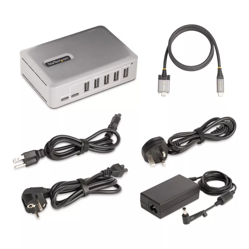 StarTech.com 7 portu USB-C centrmezgls - 5x USB-A + 2x USB-C - pašbarojošs ar 65W barošanas bloku - USB 3.1 10Gbps - galddatora/klēpjdatora USB centrmezgls ar 3 pēdu USB-IF sertificētu fiksējošo kabeli - USB C centrmezgls