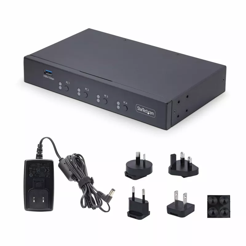 StarTech.com 4-portu KM pārslēgs ar peles pārslēgšanu, USB pārslēgs tastatūrai/pelei, 3,5 mm/USB audio, perifērijas koplietošana 4 datoriem, atbilst TAA