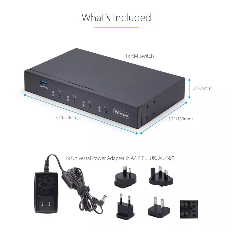 StarTech.com 4-portu KM pārslēgs ar peles pārslēgšanu, USB pārslēgs tastatūrai/pelei, 3,5 mm/USB audio, perifērijas koplietošana 4 datoriem, atbilst TAA