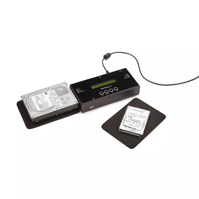 StarTech.com 1:1 autonomais cietā diska dublētājs un dzēšanas ierīce, SAS un SATA HDD/SSD klonētājs/kopētājs, cietā diska dublētājs un sanitizētājs, LCD displejs, TAA atbilstošs