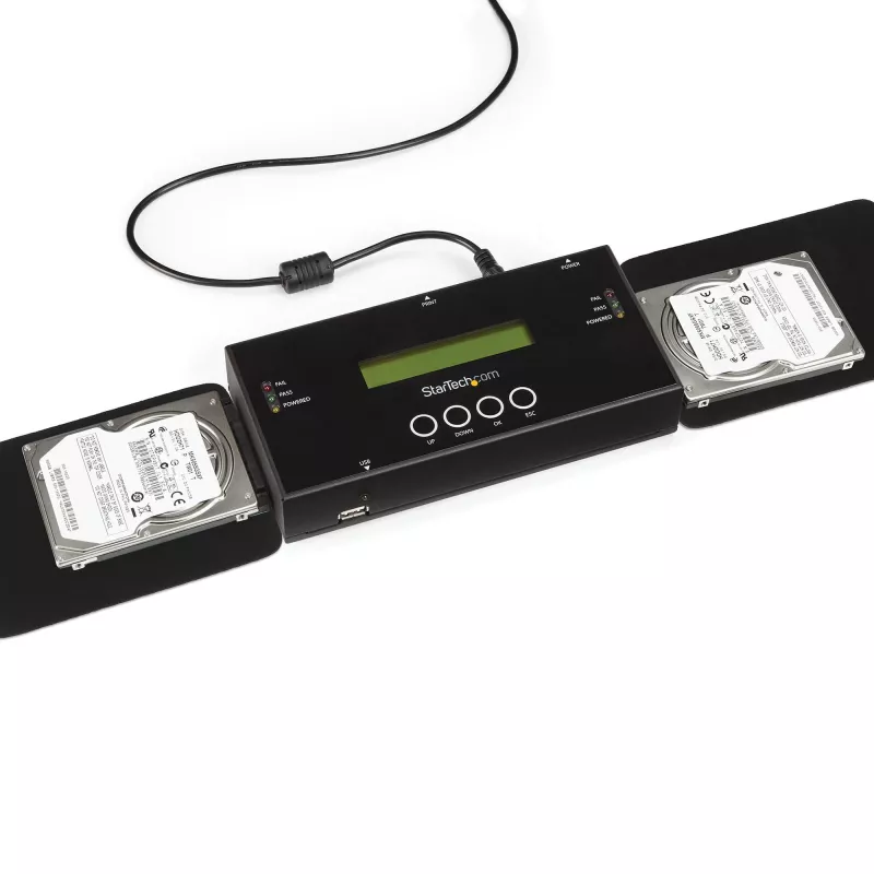 StarTech.com 1:1 autonomais cietā diska dublētājs un dzēšanas ierīce, SAS un SATA HDD/SSD klonētājs/kopētājs, cietā diska dublētājs un sanitizētājs, LCD displejs, TAA atbilstošs