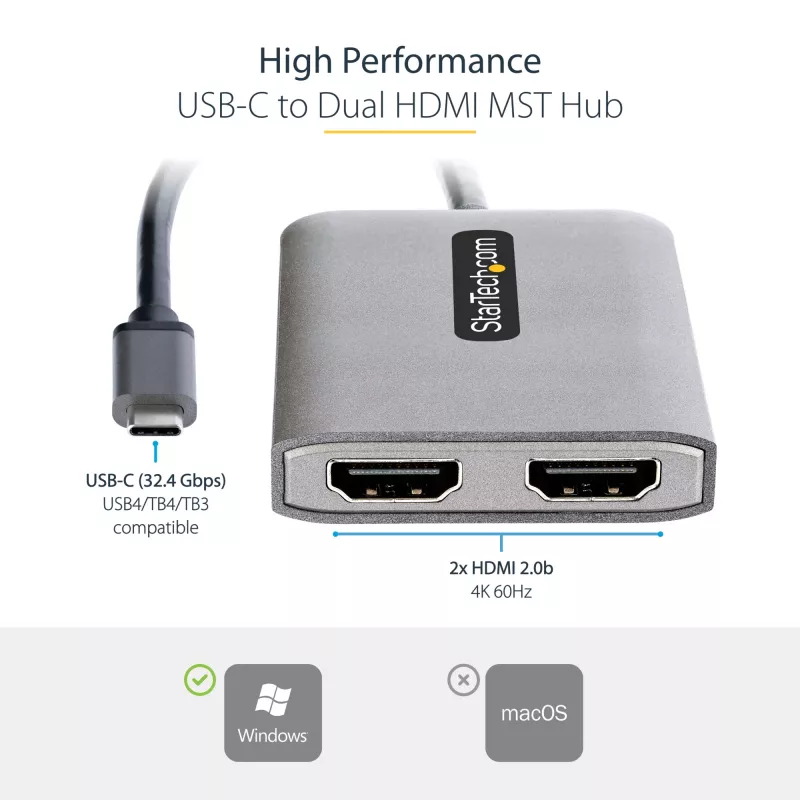 StarTech.com USB-C uz diviem HDMI MST centrmezgls - Divi HDMI 4K 60Hz - USB Type C vairāku monitoru adapteris klēpjdatoram ar 1 pēdu/30cm kabeli - DP 1.4 Multi-Stream Transport centrmezgls - USB-C uz HDMI sadalītājs