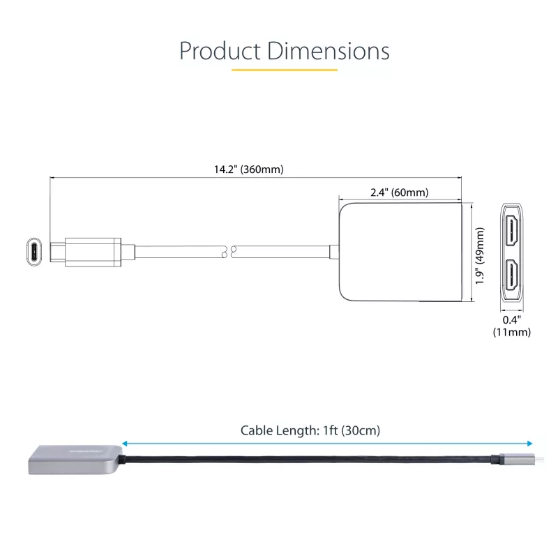 StarTech.com USB-C uz diviem HDMI MST centrmezgls - Divi HDMI 4K 60Hz - USB Type C vairāku monitoru adapteris klēpjdatoram ar 1 pēdu/30cm kabeli - DP 1.4 Multi-Stream Transport centrmezgls - USB-C uz HDMI sadalītājs