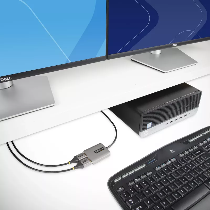 StarTech.com 2 portu DisplayPort MST centrmezgls, dubultā 4K 60Hz, DP uz 2x DisplayPort monitora adapteris, DP 1.4 vairāku monitoru video adapteris, 1 pēdu (30cm) iebūvēts kabelis, barošana caur USB, tikai Windows