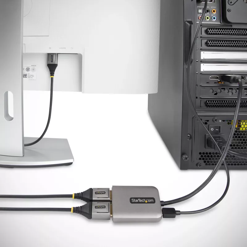 StarTech.com 2 portu DisplayPort MST centrmezgls, dubultā 4K 60Hz, DP uz 2x DisplayPort monitora adapteris, DP 1.4 vairāku monitoru video adapteris, 1 pēdu (30cm) iebūvēts kabelis, barošana caur USB, tikai Windows