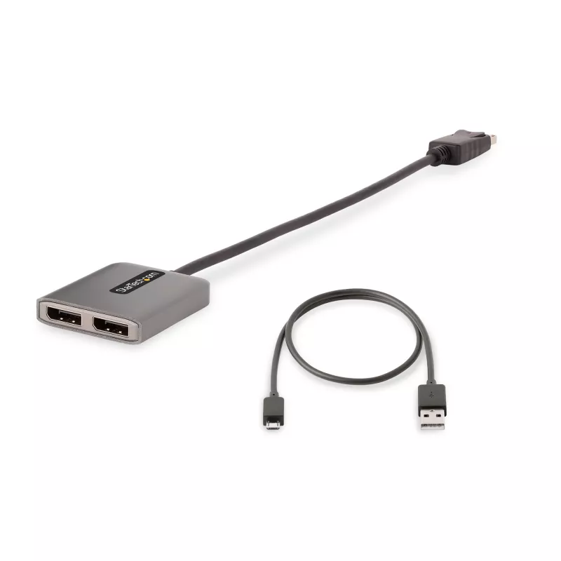StarTech.com 2 portu DisplayPort MST centrmezgls, dubultā 4K 60Hz, DP uz 2x DisplayPort monitora adapteris, DP 1.4 vairāku monitoru video adapteris, 1 pēdu (30cm) iebūvēts kabelis, barošana caur USB, tikai Windows