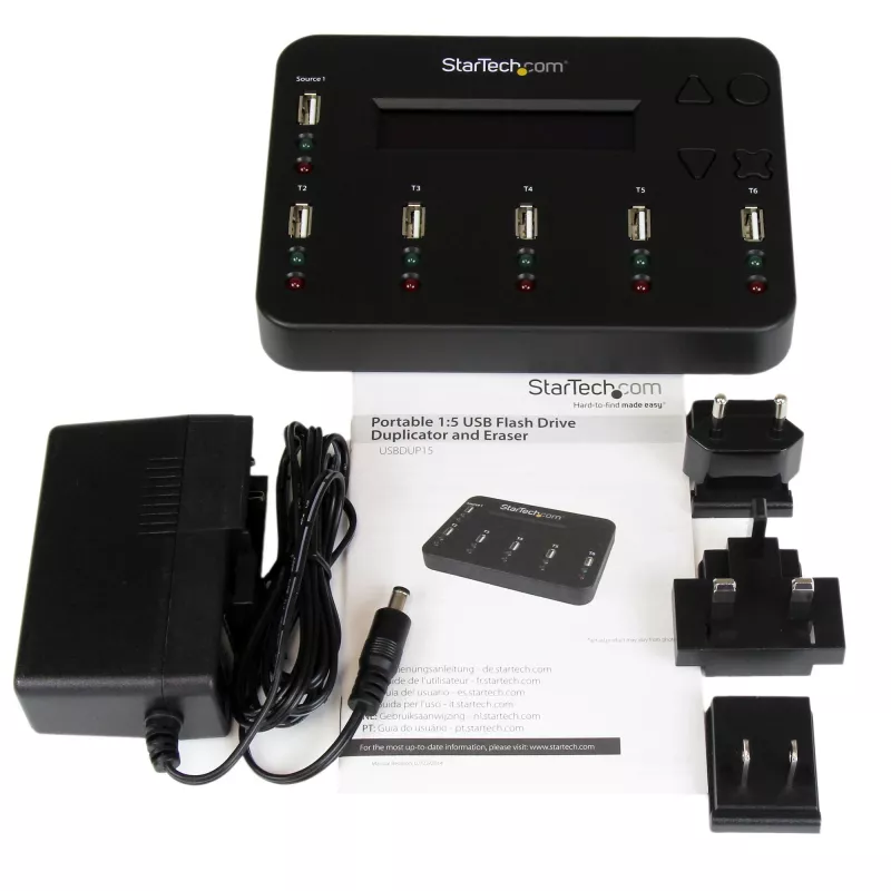 StarTech.com Atsevišķs 1 uz 5 USB zibatmiņu dublētājs un dzēsējs, vairāku USB zibatmiņu kopētājs, sistēmas un failu un visa diska kopēšana ar ātrumu 1,5 GB/min, vienas un trīs piegājienu dzēšana, LCD Displejs - TAA
