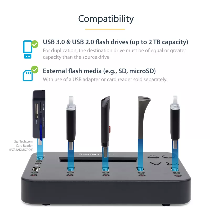 StarTech.com Atsevišķs 1 uz 5 USB zibatmiņu dublētājs un dzēsējs, vairāku USB zibatmiņu kopētājs, sistēmas un failu un visa diska kopēšana ar ātrumu 1,5 GB/min, vienas un trīs piegājienu dzēšana, LCD Displejs - TAA