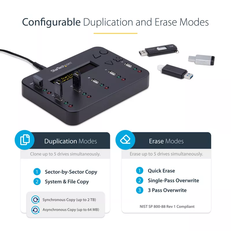 StarTech.com Atsevišķs 1 uz 5 USB zibatmiņu dublētājs un dzēsējs, vairāku USB zibatmiņu kopētājs, sistēmas un failu un visa diska kopēšana ar ātrumu 1,5 GB/min, vienas un trīs piegājienu dzēšana, LCD Displejs - TAA