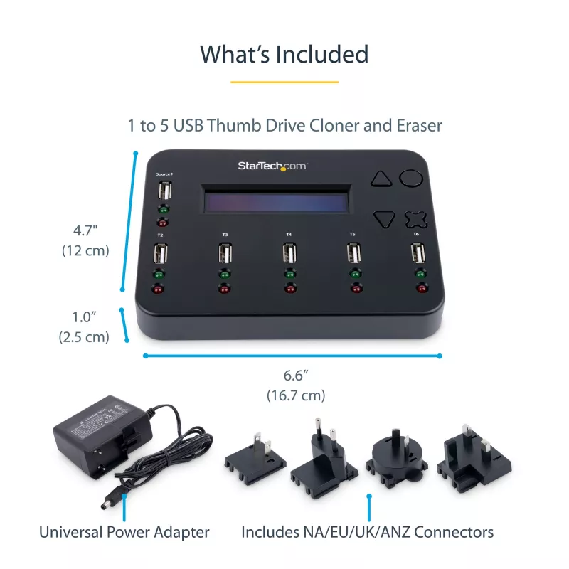 StarTech.com Atsevišķs 1 uz 5 USB zibatmiņu dublētājs un dzēsējs, vairāku USB zibatmiņu kopētājs, sistēmas un failu un visa diska kopēšana ar ātrumu 1,5 GB/min, vienas un trīs piegājienu dzēšana, LCD Displejs - TAA