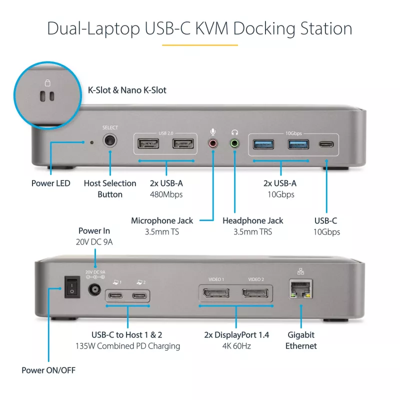 StarTech.com divkāršā klēpjdatora USB-C KVM dokstacija, divu monitoru 4K 60Hz DisplayPort doks, 5 portu USB centrmezgls, GbE, 90W/45W barošanas piegāde diviem klēpjdatoriem, Windows/Mac, 2 saimniekdatoru KVM doks - TAA