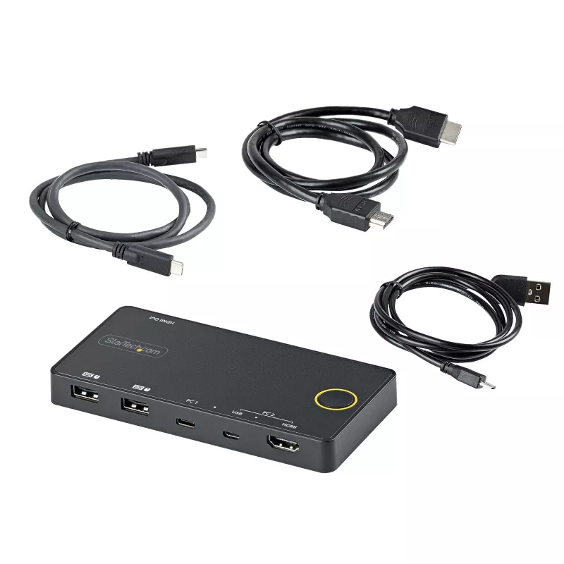 StarTech.com 2 portu hibrīda USB-A + HDMI un USB-C KVM slēdzis — viens 4K 60 Hz HDMI 2.0 monitors — kompakts galddatora un/vai klēpjdatora HDMI KVM slēdzis — barots no USB kopnes — saderīgs ar Thunderbolt 3