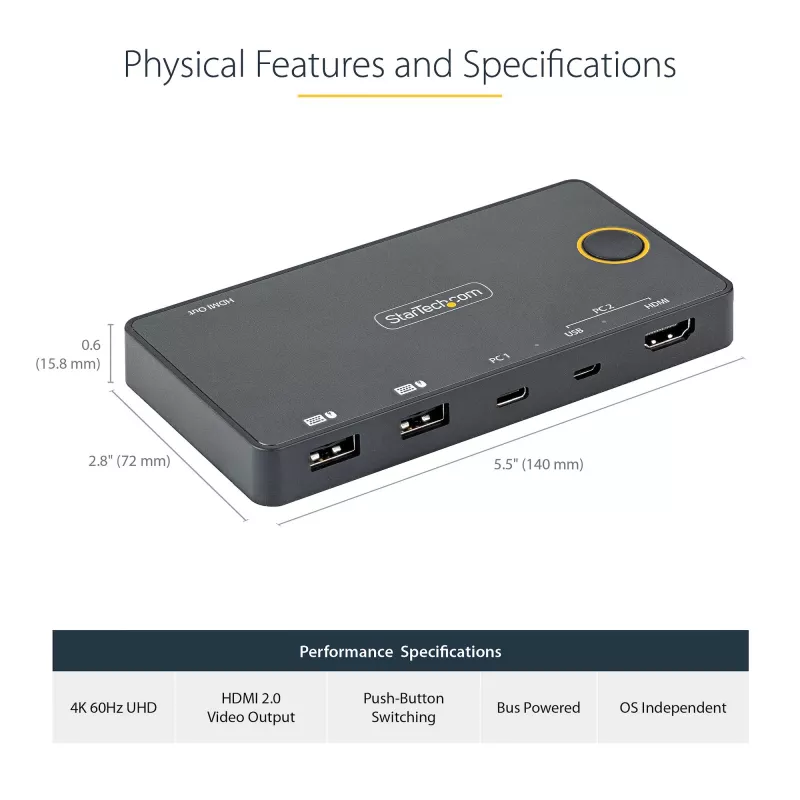 StarTech.com 2 portu hibrīda USB-A + HDMI un USB-C KVM slēdzis — viens 4K 60 Hz HDMI 2.0 monitors — kompakts galddatora un/vai klēpjdatora HDMI KVM slēdzis — barots no USB kopnes — saderīgs ar Thunderbolt 3