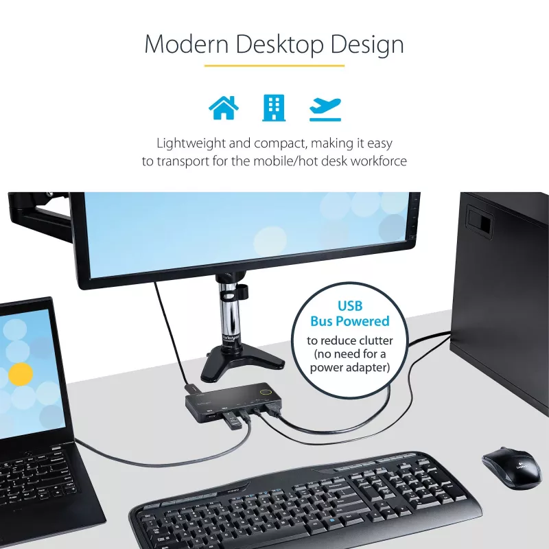 StarTech.com 2 portu hibrīda USB-A + HDMI un USB-C KVM slēdzis — viens 4K 60 Hz HDMI 2.0 monitors — kompakts galddatora un/vai klēpjdatora HDMI KVM slēdzis — barots no USB kopnes — saderīgs ar Thunderbolt 3