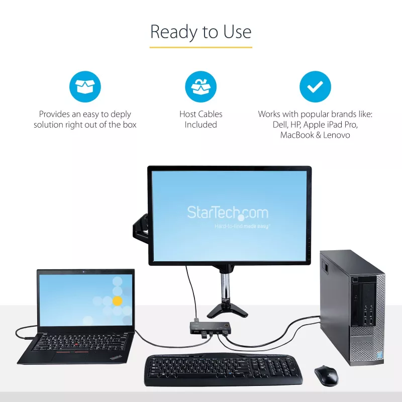StarTech.com 2 portu hibrīda USB-A + HDMI un USB-C KVM slēdzis — viens 4K 60 Hz HDMI 2.0 monitors — kompakts galddatora un/vai klēpjdatora HDMI KVM slēdzis — barots no USB kopnes — saderīgs ar Thunderbolt 3