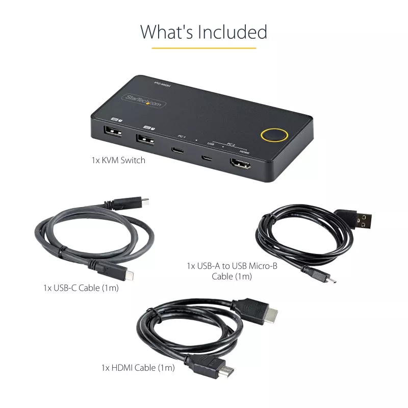 StarTech.com 2 portu hibrīda USB-A + HDMI un USB-C KVM slēdzis — viens 4K 60 Hz HDMI 2.0 monitors — kompakts galddatora un/vai klēpjdatora HDMI KVM slēdzis — barots no USB kopnes — saderīgs ar Thunderbolt 3