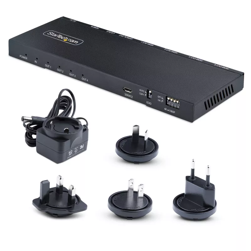 StarTech.com 4 portu HDMI sadalītājs, 4K 60Hz HDMI 2.0 video, 4K HDMI sadalītājs ar iebūvētu mērogotāju, HDMI sadalītājs 1 ieeja 4 izejas, 3,5 mm/optiskā audio pieslēgvieta, HDMI displeja/izejas sadalītājs