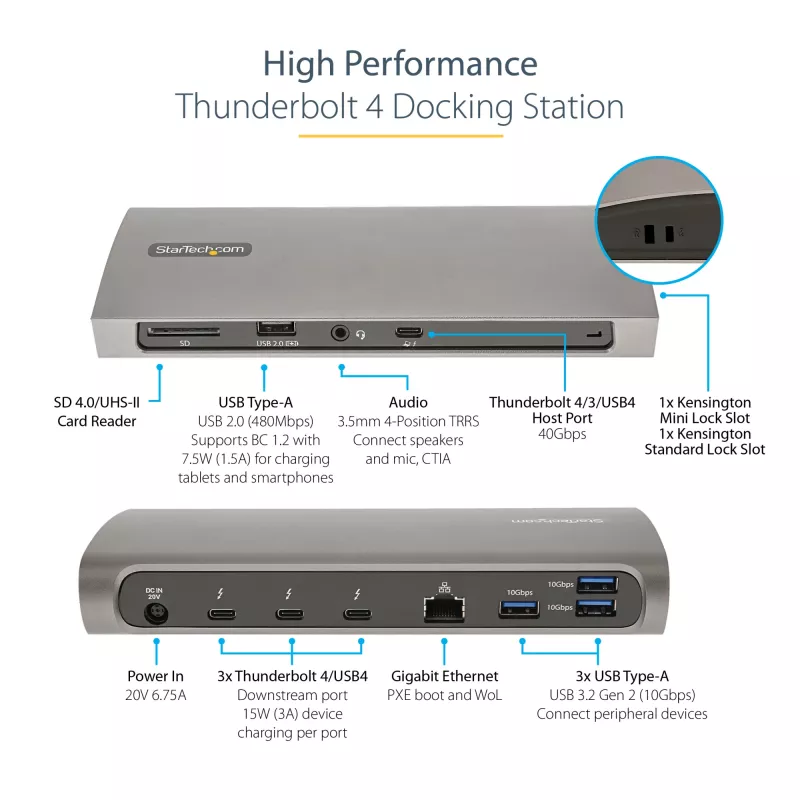 StarTech.com Thunderbolt 4 dokstacija, 96 W strāvas padeve, viens 8K/divi monitori 4K 60 Hz, 3x TB4/USB4 porti, 4x USB-A, SD, GbE, Thunderbolt 4 dokstacija operētājsistēmai Windows vai TB3 MacBook, 0,8 m kabelis