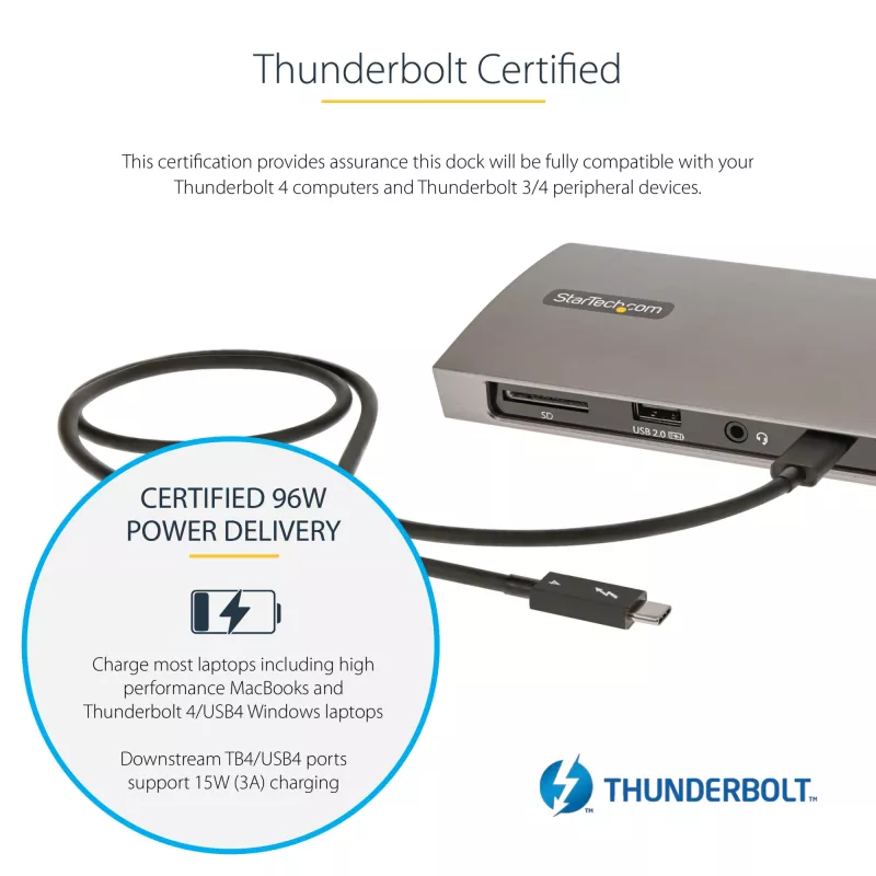 StarTech.com Thunderbolt 4 dokstacija, 96 W strāvas padeve, viens 8K/divi monitori 4K 60 Hz, 3x TB4/USB4 porti, 4x USB-A, SD, GbE, Thunderbolt 4 dokstacija operētājsistēmai Windows vai TB3 MacBook, 0,8 m kabelis
