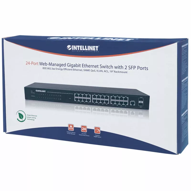 Intellinet 24 portu tīkla komutators, 24 porti (RJ45), statnes montāža, Gigabit, 4 SFP, Ethernet Web-Smart, 10/100/1000 Mbit