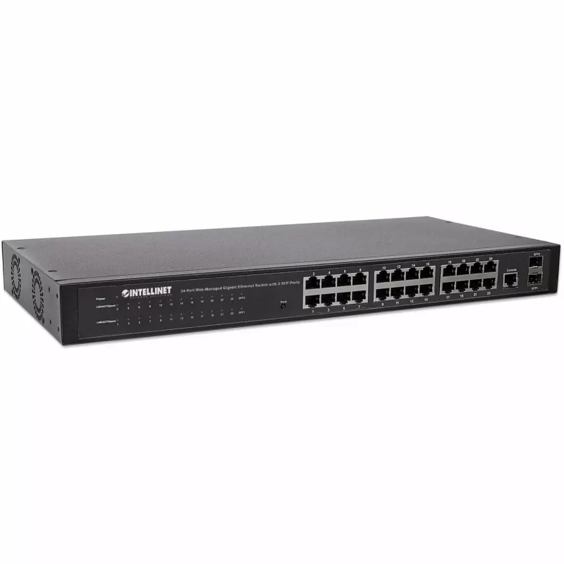 Intellinet 24 portu tīkla komutators, 24 porti (RJ45), statnes montāža, Gigabit, 4 SFP, Ethernet Web-Smart, 10/100/1000 Mbit