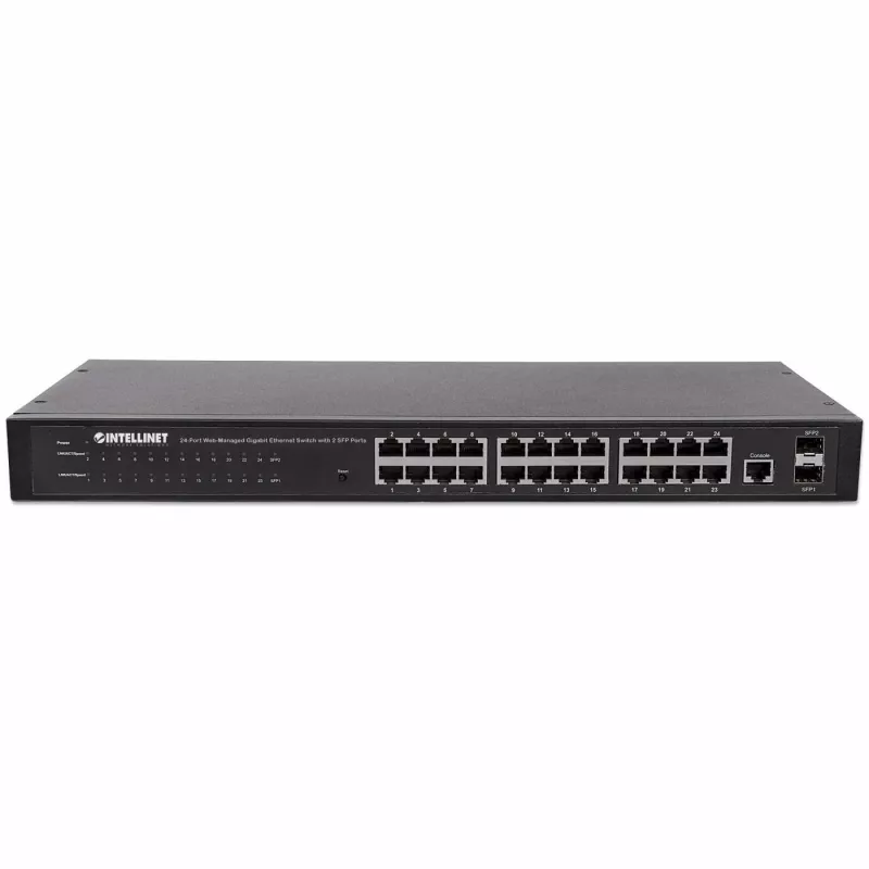 Intellinet 24 portu tīkla komutators, 24 porti (RJ45), statnes montāža, Gigabit, 4 SFP, Ethernet Web-Smart, 10/100/1000 Mbit