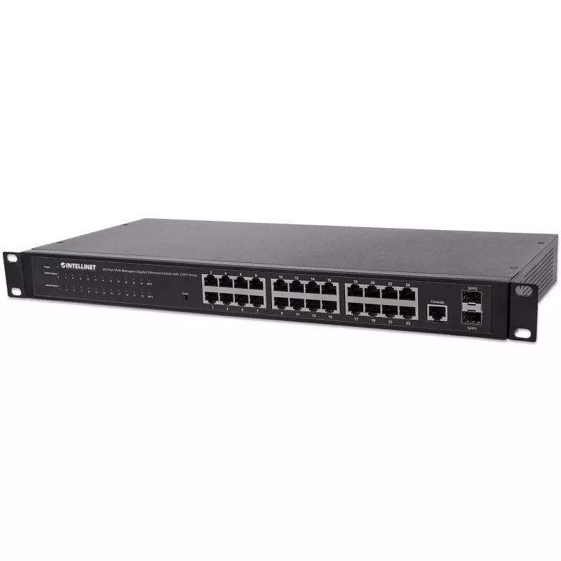 Intellinet 24 portu tīkla komutators, 24 porti (RJ45), statnes montāža, Gigabit, 4 SFP, Ethernet Web-Smart, 10/100/1000 Mbit