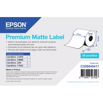 Epson Premium Matte Label - Continuous Roll: 51mm x 35m, Matte, 163 g/m², 1 gab., 118 mm, 108 mm, 59 mm