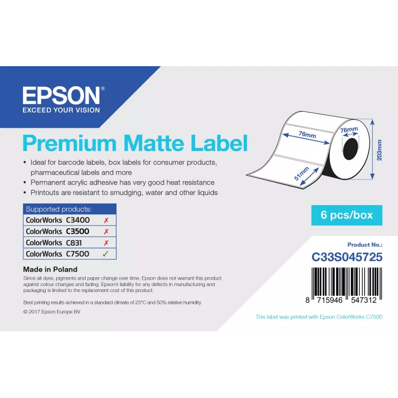 Epson Premium Matte etiķete - izgriešanas ruļļa: 76 mm x 51 mm, 2310 etiķetes