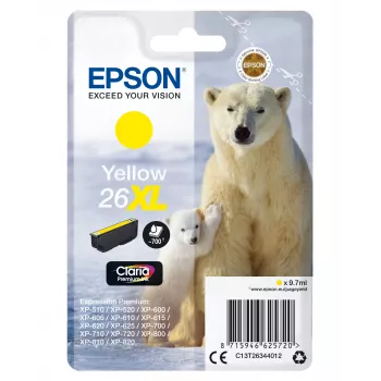 Epson Polar bear viena iepakojuma dzeltenā 26XL Claria Premium tinte, augsta (XL) ietilpība, dzeltena, uz pigmenta bāzes veidota tinte, 9,7 ml, 1 gab., 700 lapas