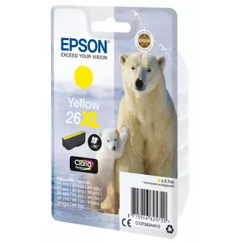 Epson Polar bear viena iepakojuma dzeltenā 26XL Claria Premium tinte, augsta (XL) ietilpība, dzeltena, uz pigmenta bāzes veidota tinte, 9,7 ml, 1 gab., 700 lapas