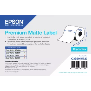Epson Premium Matte Label - Continuous Roll: 105mm x 35m, Balts, Pašlīmējoša printera etiķete, Nepārtraukta etiķete, Akrila, Pastāvīga, Matēta