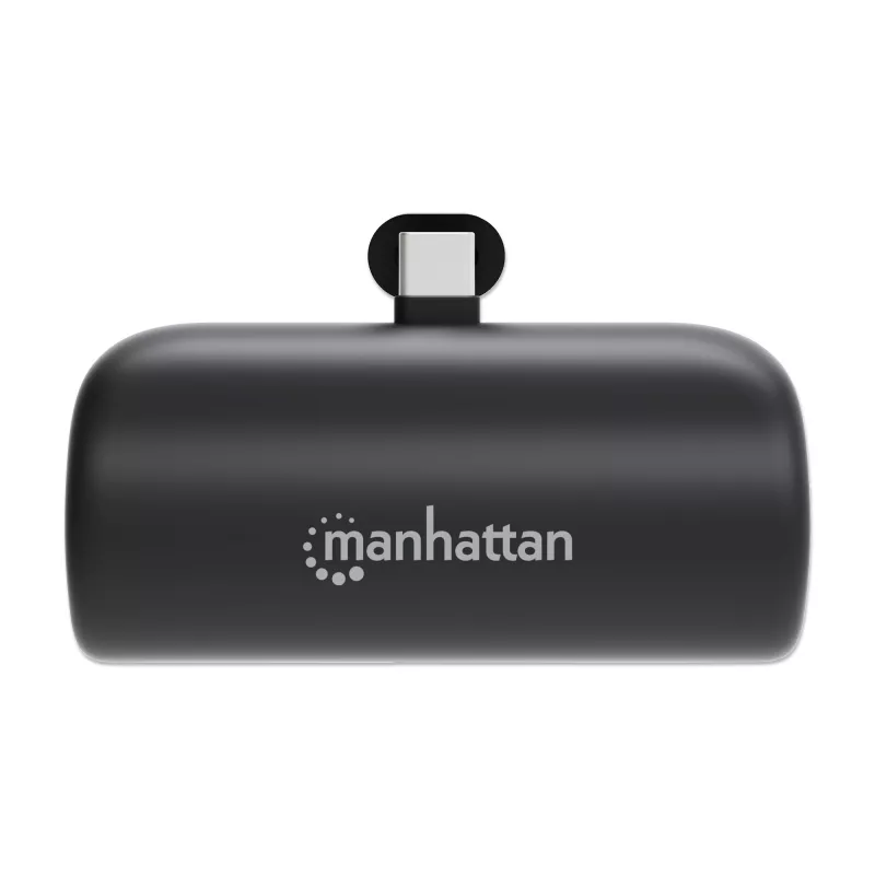 Manhattan ārējais akumulators ar integrētu USB-C spraudni, 5000 mAh, līdz 10 W izejas jauda, balsta kājiņa lietošanai kā uzlādes tālruņa turētājam, melns, viena gada garantija