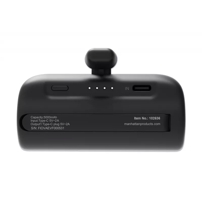 Manhattan ārējais akumulators ar integrētu USB-C spraudni, 5000 mAh, līdz 10 W izejas jauda, balsta kājiņa lietošanai kā uzlādes tālruņa turētājam, melns, viena gada garantija