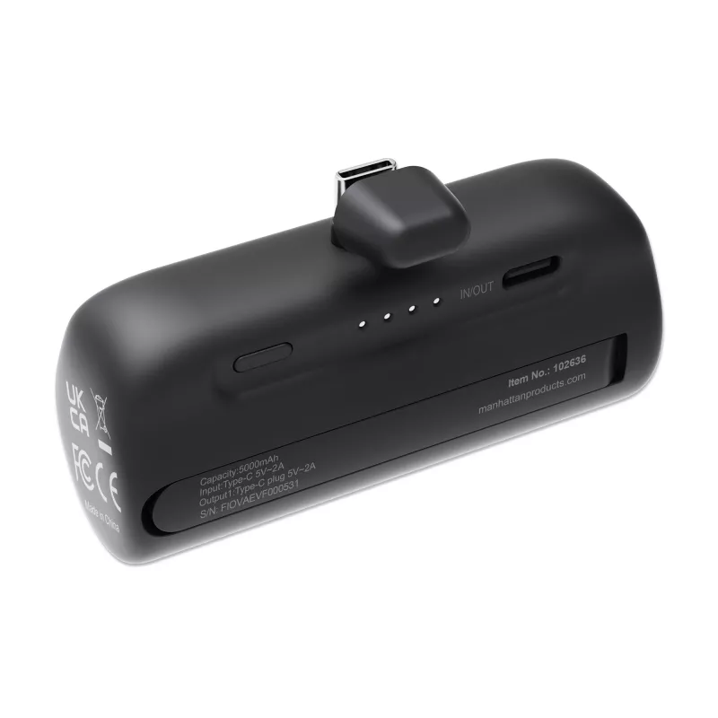 Manhattan ārējais akumulators ar integrētu USB-C spraudni, 5000 mAh, līdz 10 W izejas jauda, balsta kājiņa lietošanai kā uzlādes tālruņa turētājam, melns, viena gada garantija