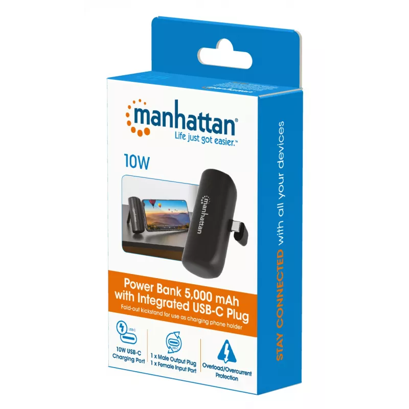 Manhattan ārējais akumulators ar integrētu USB-C spraudni, 5000 mAh, līdz 10 W izejas jauda, balsta kājiņa lietošanai kā uzlādes tālruņa turētājam, melns, viena gada garantija