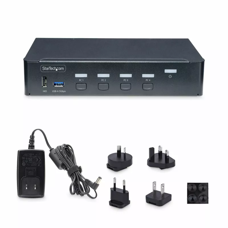 StarTech.com 4 portu DisplayPort KVM slēdzis, viens 4K 60Hz monitors, 6x USB porti, pārslēgšana ar pogu un karstajiem taustiņiem, DisplayPort 1.2, no OS neatkarīgs, atbilst TAA